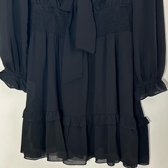 New Elegant Black Tie-Front ruffle Dress w chiffon overlay black size small - Picture 7 of 9